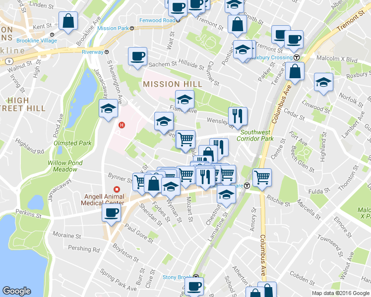 map of restaurants, bars, coffee shops, grocery stores, and more near 9A Walden Street in Boston