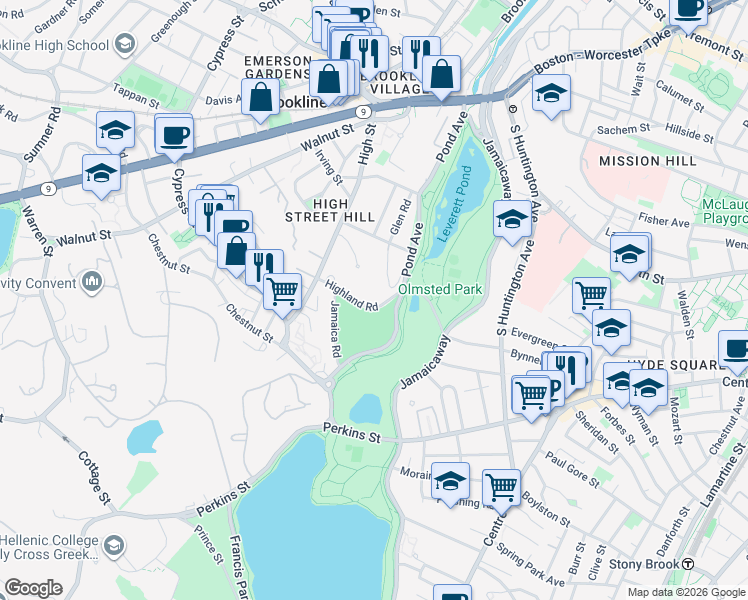 map of restaurants, bars, coffee shops, grocery stores, and more near 47 Highland Road in Brookline