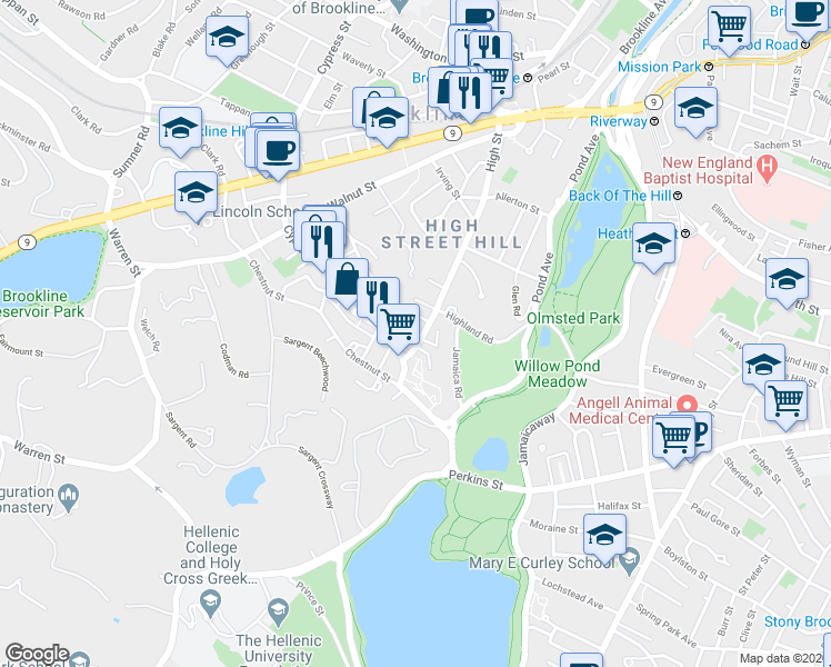 map of restaurants, bars, coffee shops, grocery stores, and more near 191 High Street in Brookline