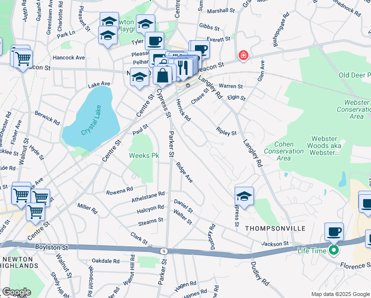 map of restaurants, bars, coffee shops, grocery stores, and more near 117 Cypress Street in Newton