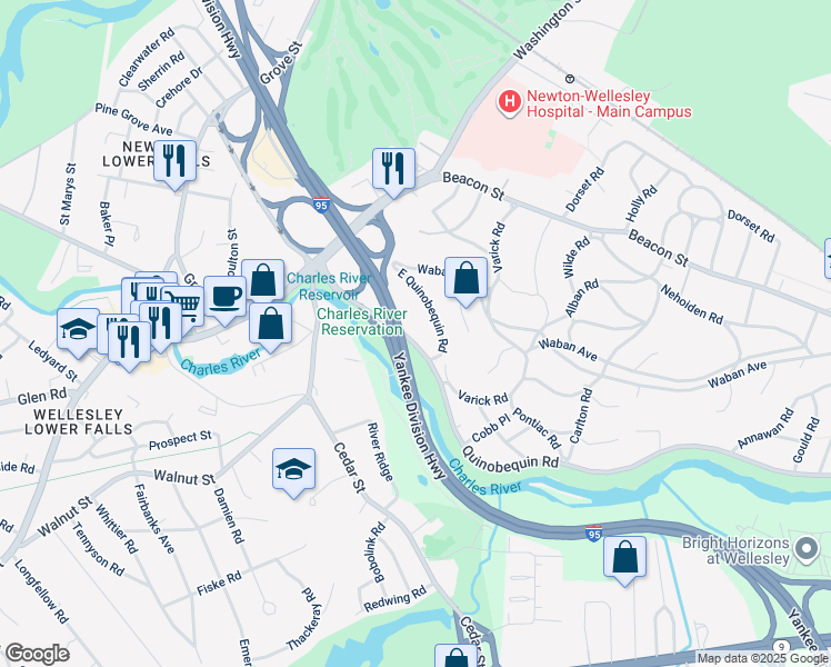 map of restaurants, bars, coffee shops, grocery stores, and more near 45 East Quinobequin Road in Newton