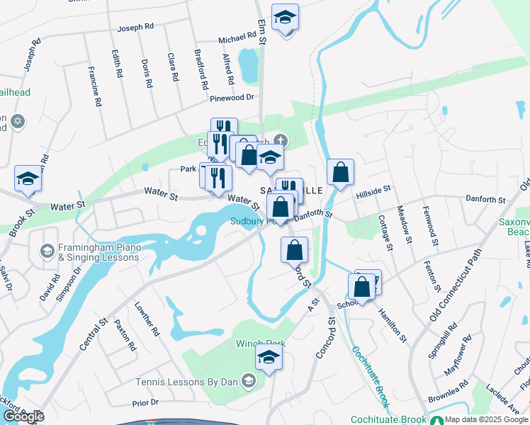 map of restaurants, bars, coffee shops, grocery stores, and more near 21 Water Street in Framingham