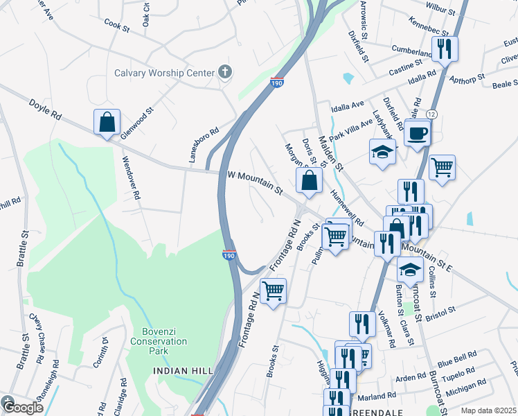 map of restaurants, bars, coffee shops, grocery stores, and more near 161 Mountain Street West in Worcester