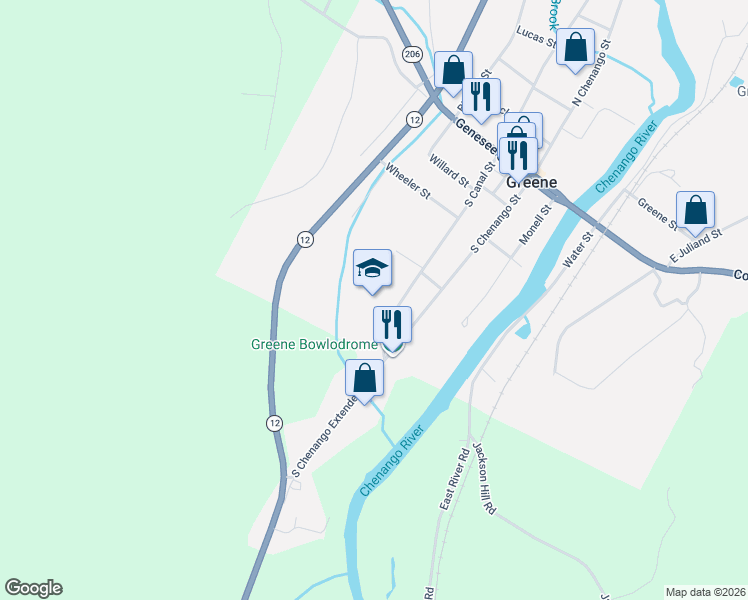 map of restaurants, bars, coffee shops, grocery stores, and more near 40 South Canal Street in Greene