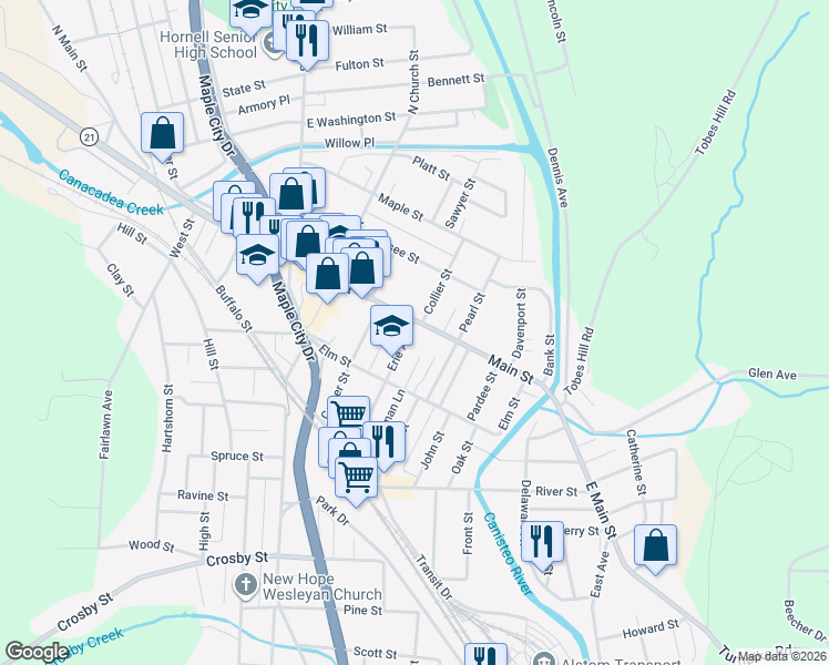 map of restaurants, bars, coffee shops, grocery stores, and more near 227 Main St in Hornell