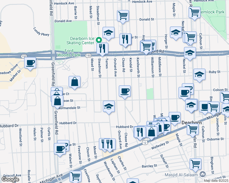 map of restaurants, bars, coffee shops, grocery stores, and more near 5161 Orchard Avenue in Dearborn