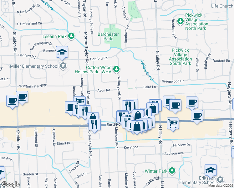 map of restaurants, bars, coffee shops, grocery stores, and more near 5841 Willow Creek Drive in Canton