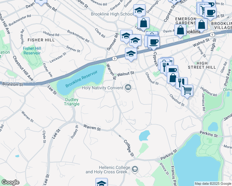 map of restaurants, bars, coffee shops, grocery stores, and more near 38 Welch Road in Brookline
