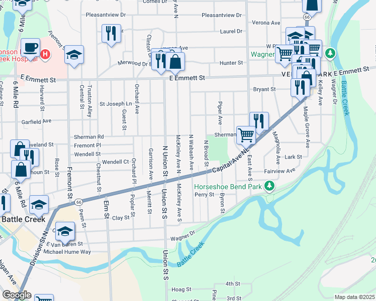 map of restaurants, bars, coffee shops, grocery stores, and more near 49 North Wabash Avenue in Battle Creek