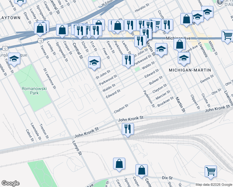 map of restaurants, bars, coffee shops, grocery stores, and more near 7371 Edward Street in Detroit