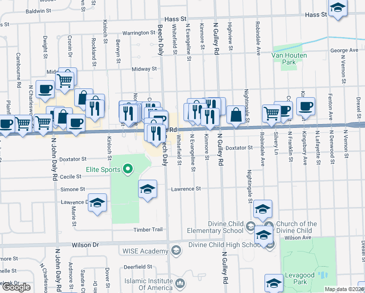 map of restaurants, bars, coffee shops, grocery stores, and more near 2072 Whitefield Street in Dearborn Heights