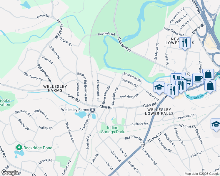 map of restaurants, bars, coffee shops, grocery stores, and more near 31 River Glen Road in Wellesley