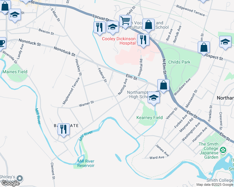 map of restaurants, bars, coffee shops, grocery stores, and more near 171 Federal Street in Northampton