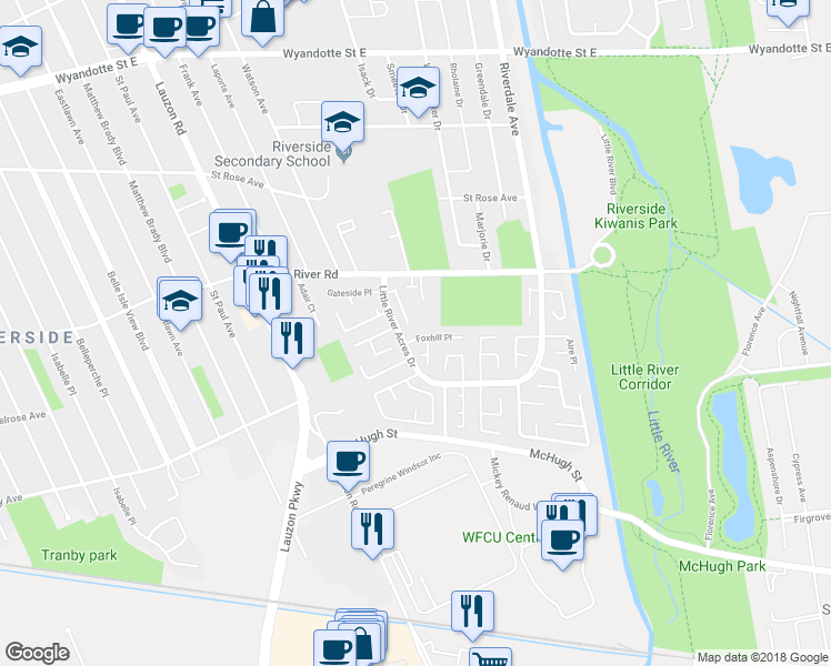 map of restaurants, bars, coffee shops, grocery stores, and more near 8516 Foxhill Place in Windsor