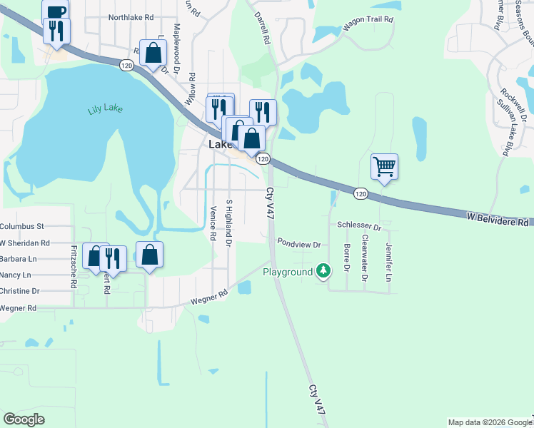 map of restaurants, bars, coffee shops, grocery stores, and more near 31781 North Darrell Road in Lakemoor
