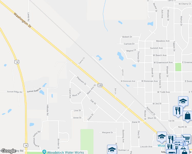 map of restaurants, bars, coffee shops, grocery stores, and more near 782800 Washington St in Woodstock