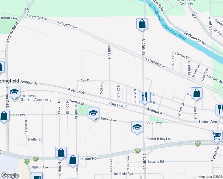 map of restaurants, bars, coffee shops, grocery stores, and more near 446 24th Street North in Springfield
