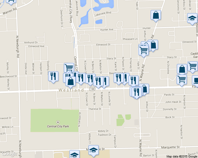 map of restaurants, bars, coffee shops, grocery stores, and more near 5689 North Walton Street in Westland