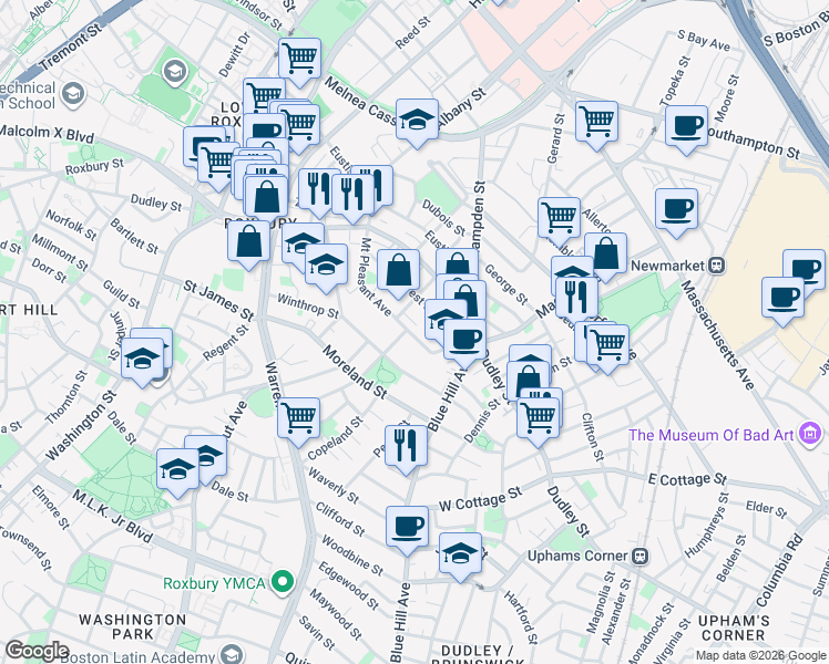 map of restaurants, bars, coffee shops, grocery stores, and more near 98 Mount Pleasant Avenue in Boston