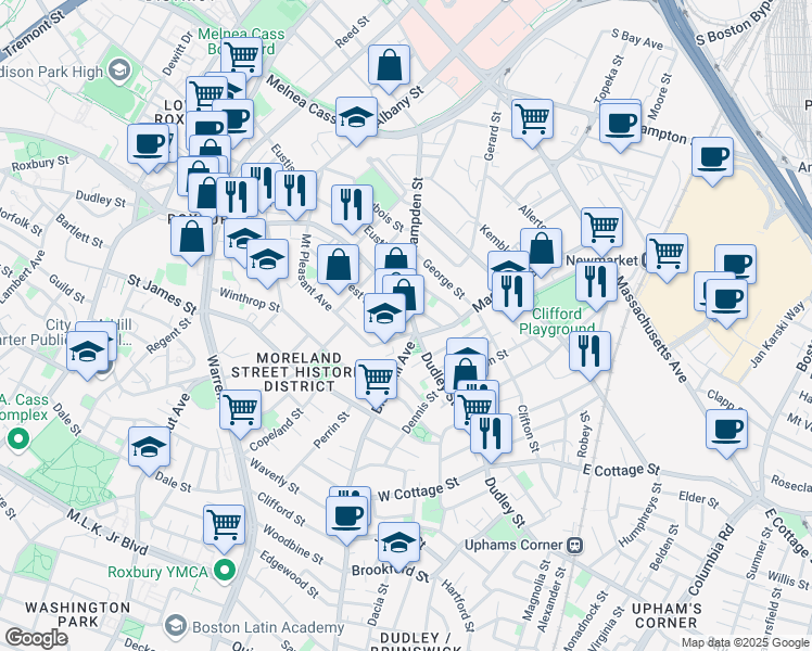 map of restaurants, bars, coffee shops, grocery stores, and more near 140 Mount Pleasant Avenue in Boston