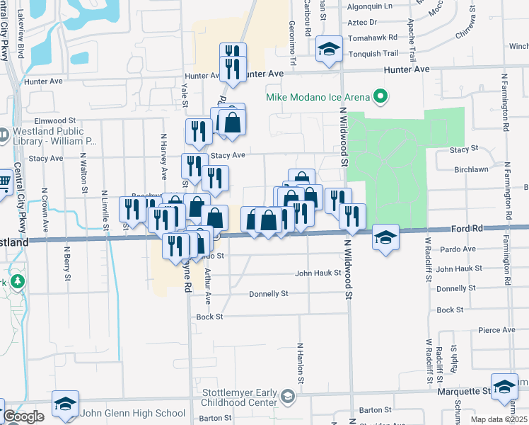 map of restaurants, bars, coffee shops, grocery stores, and more near 5707 E Hampton Ct in Westland