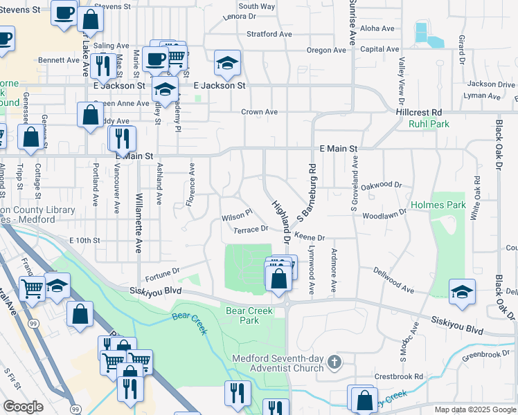 map of restaurants, bars, coffee shops, grocery stores, and more near 127 South Keene Way Drive in Medford