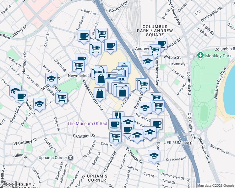 map of restaurants, bars, coffee shops, grocery stores, and more near 27 District Avenue in Boston