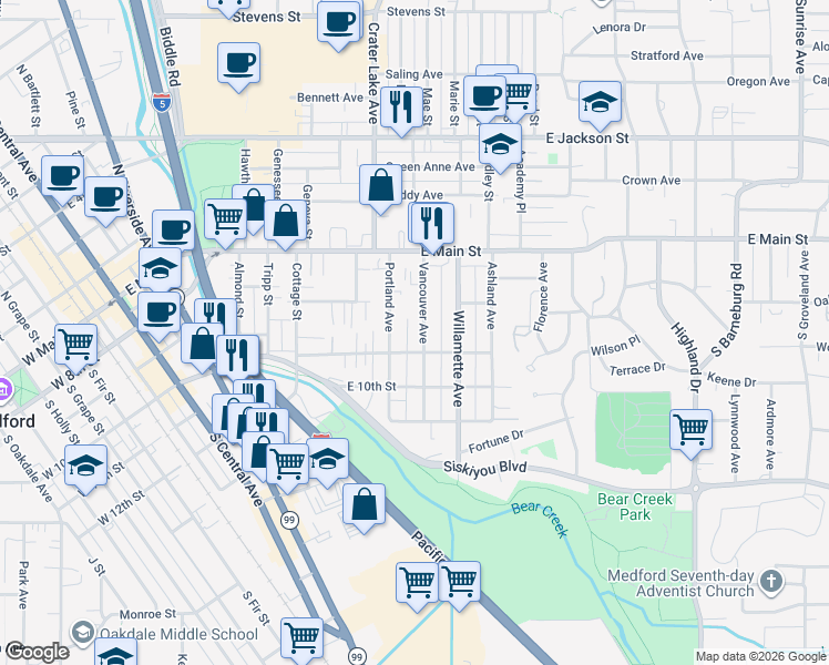 map of restaurants, bars, coffee shops, grocery stores, and more near 124 Vancouver Ave in Medford