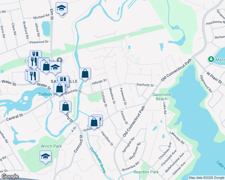 map of restaurants, bars, coffee shops, grocery stores, and more near 67 Meadow Street in Framingham