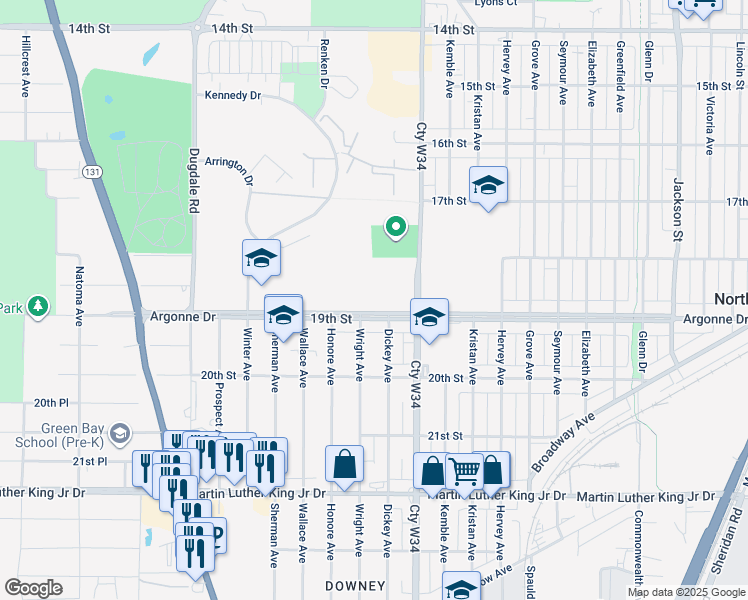 map of restaurants, bars, coffee shops, grocery stores, and more near 2100 Argonne Drive in North Chicago