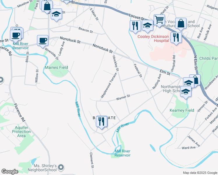 map of restaurants, bars, coffee shops, grocery stores, and more near 127 Maplewood Terrace in Northampton