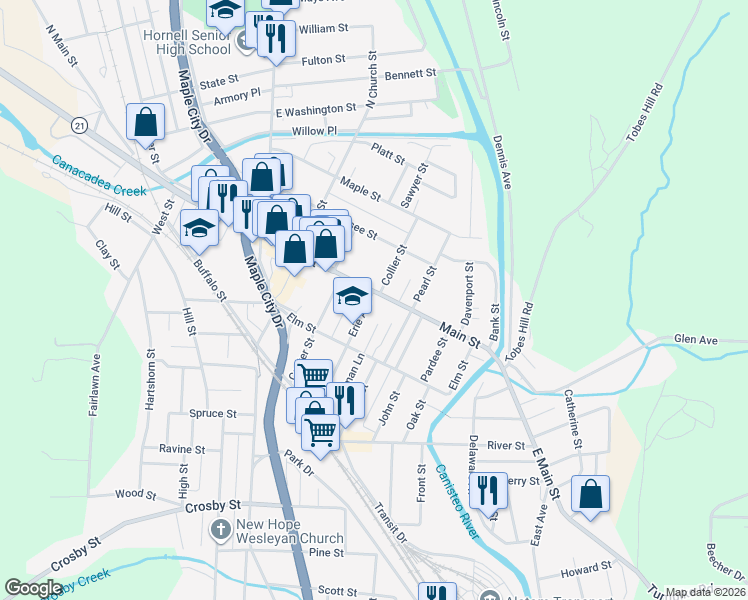 map of restaurants, bars, coffee shops, grocery stores, and more near 227 Main St in Hornell