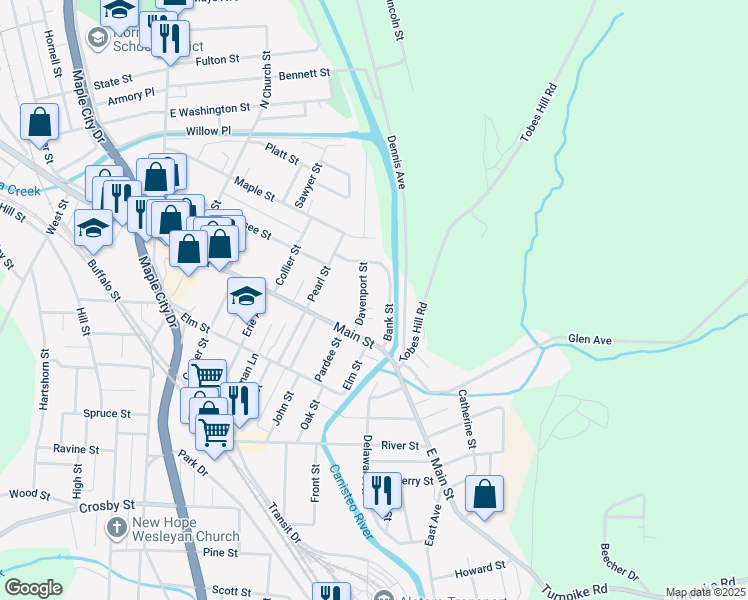 map of restaurants, bars, coffee shops, grocery stores, and more near 25 Davenport Street in Hornell