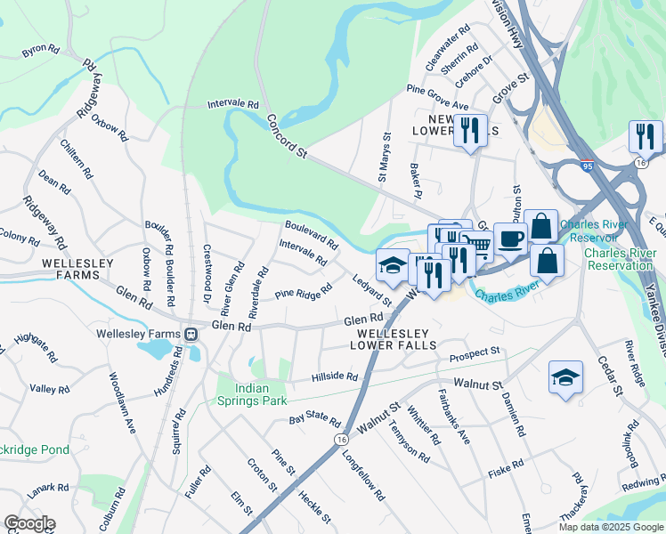 map of restaurants, bars, coffee shops, grocery stores, and more near 38 Ledyard Street in Wellesley