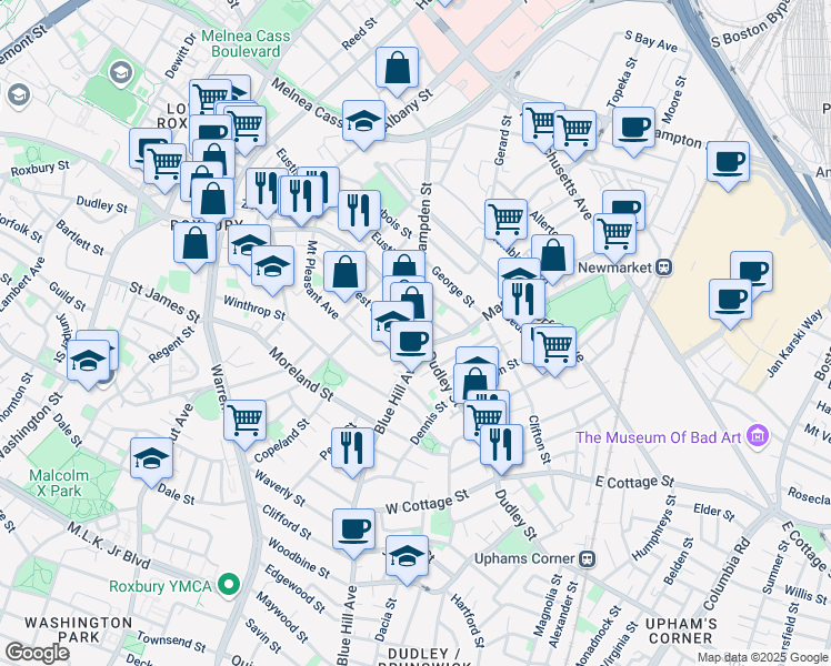 map of restaurants, bars, coffee shops, grocery stores, and more near 407 Dudley Street in Boston