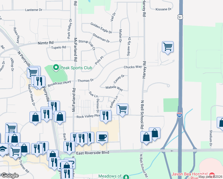 map of restaurants, bars, coffee shops, grocery stores, and more near 7247 Mabels Way in Loves Park