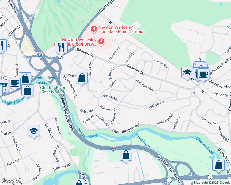 map of restaurants, bars, coffee shops, grocery stores, and more near 46 Mossfield Road in Newton