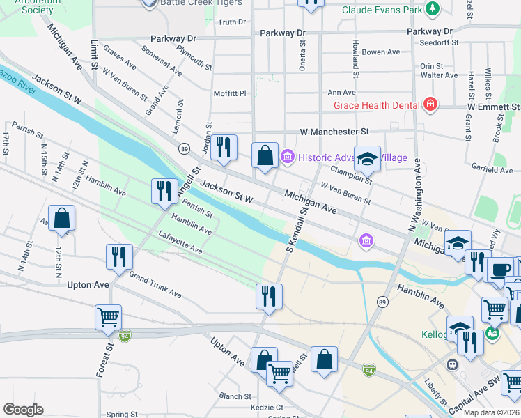 map of restaurants, bars, coffee shops, grocery stores, and more near 473 Jackson Street West in Battle Creek