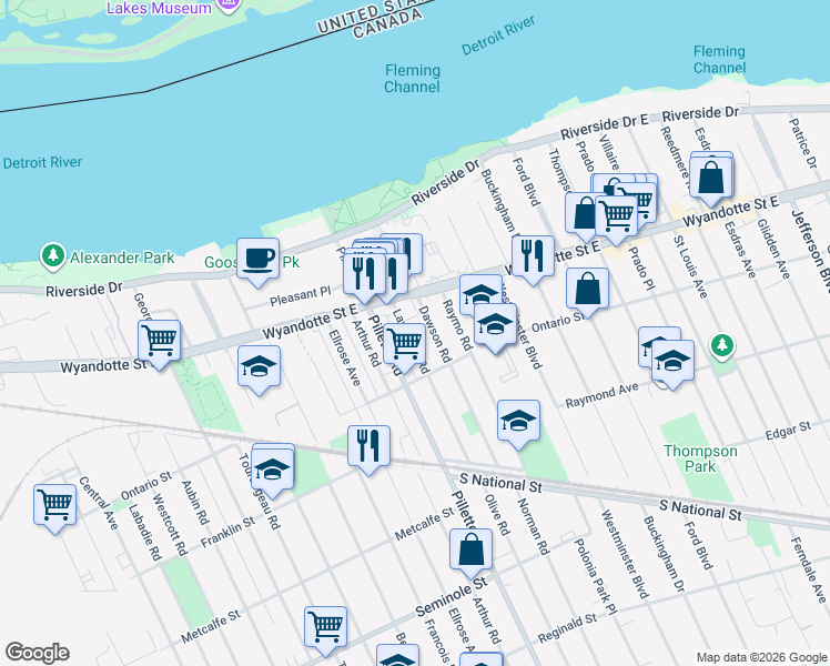 map of restaurants, bars, coffee shops, grocery stores, and more near 846 Lawrence Road in Windsor