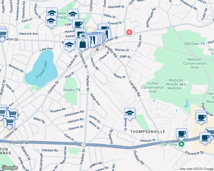 map of restaurants, bars, coffee shops, grocery stores, and more near 157 Herrick Road in Newton
