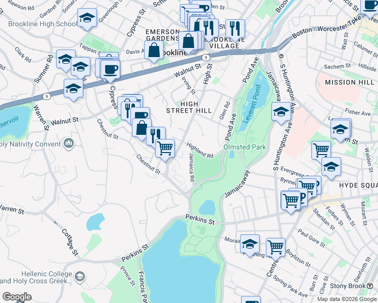 map of restaurants, bars, coffee shops, grocery stores, and more near 68 Jamaica Road in Brookline