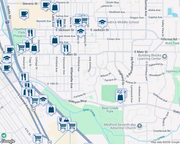 map of restaurants, bars, coffee shops, grocery stores, and more near 211 Florence Avenue in Medford