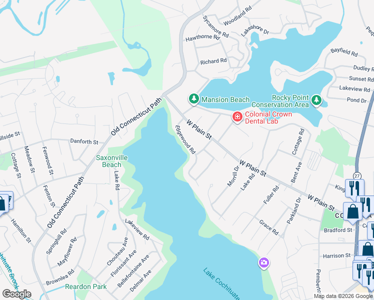 map of restaurants, bars, coffee shops, grocery stores, and more near 37 Edgewood Road in Wayland