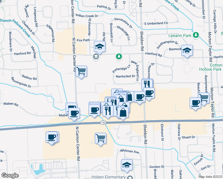 map of restaurants, bars, coffee shops, grocery stores, and more near 44978 Ford Road in Canton