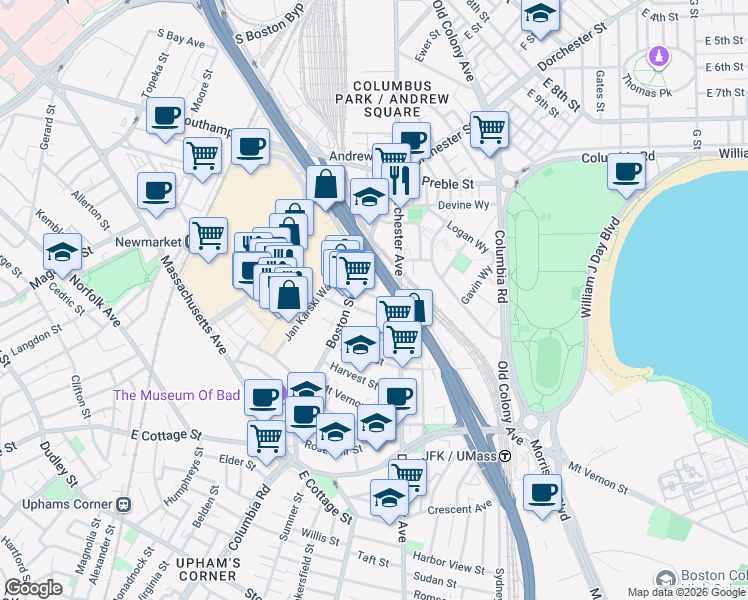 map of restaurants, bars, coffee shops, grocery stores, and more near 26 Washburn Street in Boston