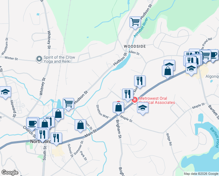 map of restaurants, bars, coffee shops, grocery stores, and more near 24 Warren Drive in Northborough
