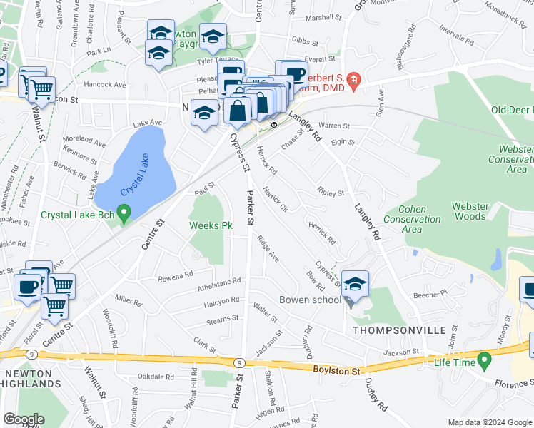 map of restaurants, bars, coffee shops, grocery stores, and more near 117 Cypress Street in Newton