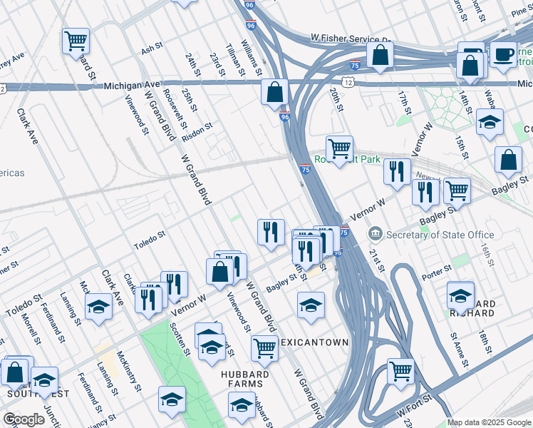 map of restaurants, bars, coffee shops, grocery stores, and more near 2083 24th Street in Detroit