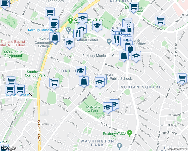 map of restaurants, bars, coffee shops, grocery stores, and more near 34 Juniper Street in Boston