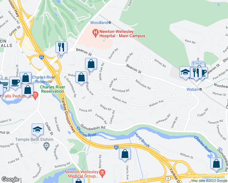 map of restaurants, bars, coffee shops, grocery stores, and more near 46 Mossfield Road in Newton